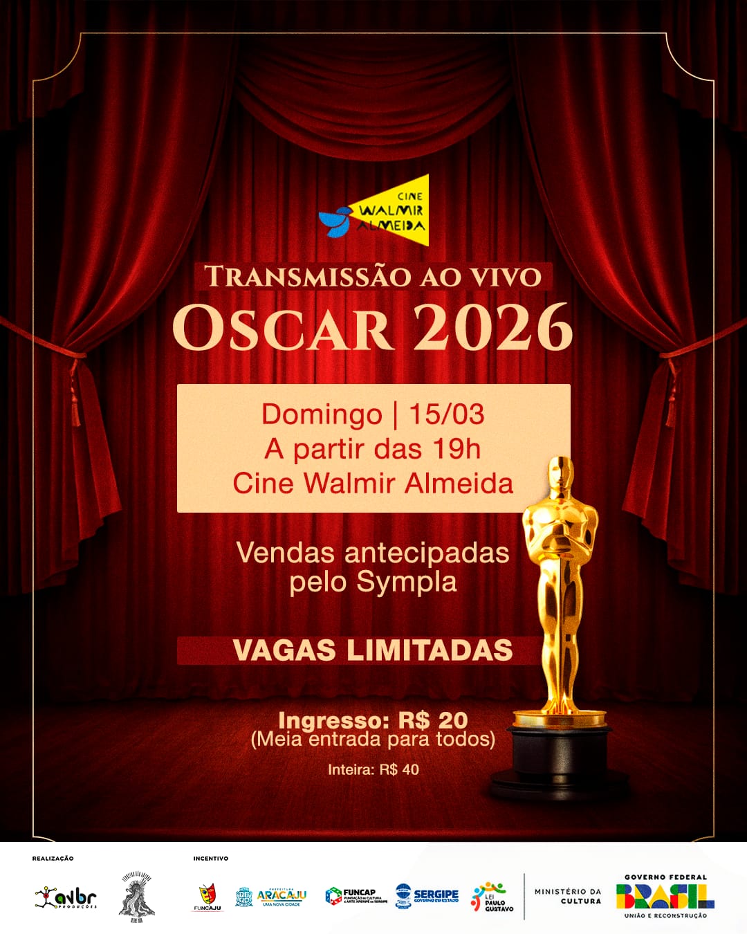 Cine Walmir Almeida transmite cerimônia do Oscar 2026 em sessão especial neste domingo