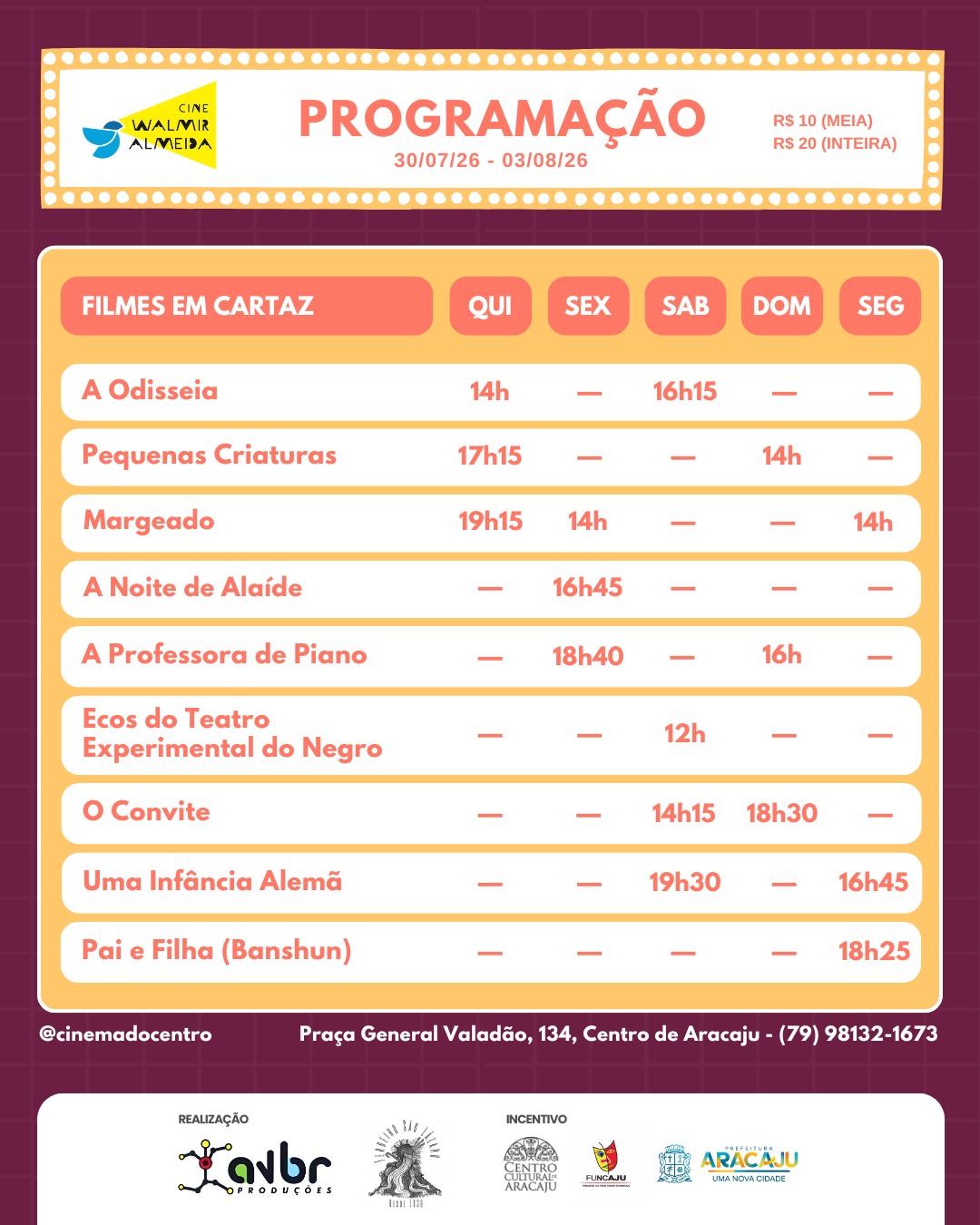 Confira a programação de 30 de julho a 3 de agosto